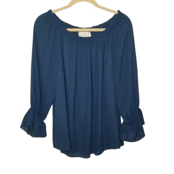 Laurie Felt Womens Navy Off-Shoulder Long Sleeve Blouse Ruffled Cuffs Size M - Picture 1 of 8